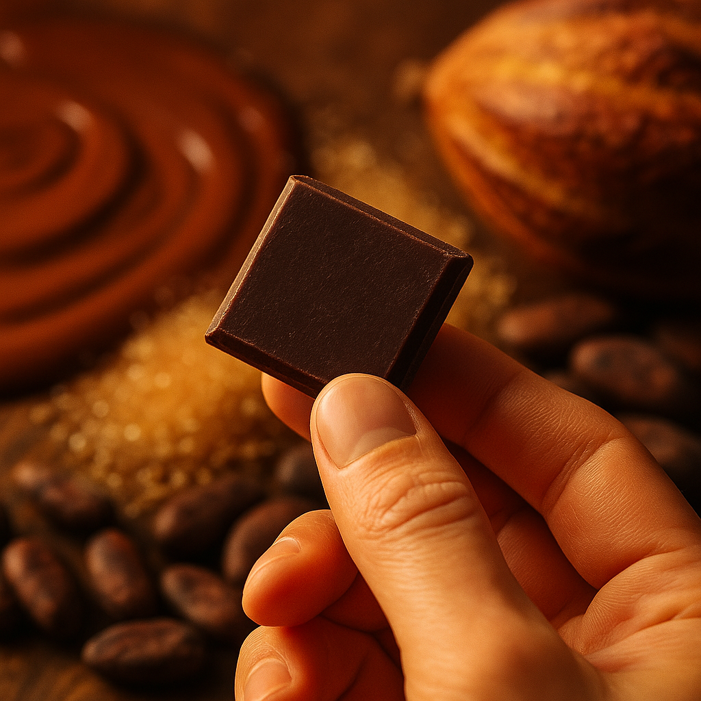hand holding chocolate with a background of sugar and cocoa